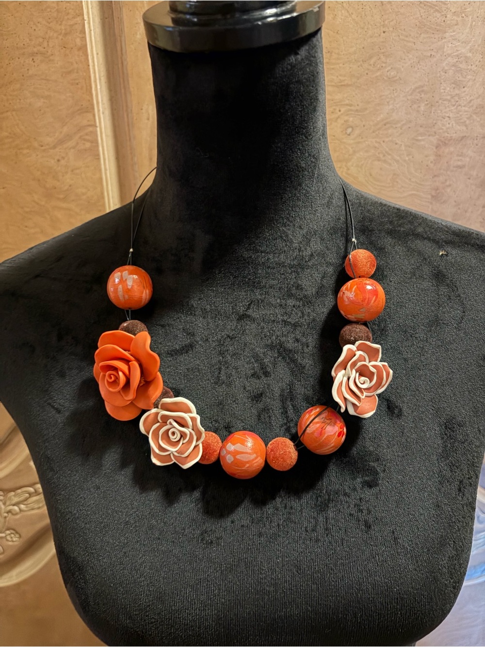 Statement Orange Floral Bead Necklace - hand made